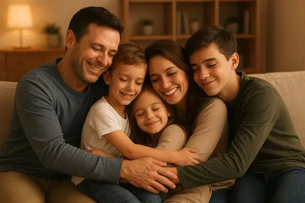 Família abraçada e sorridente no sofá de casa